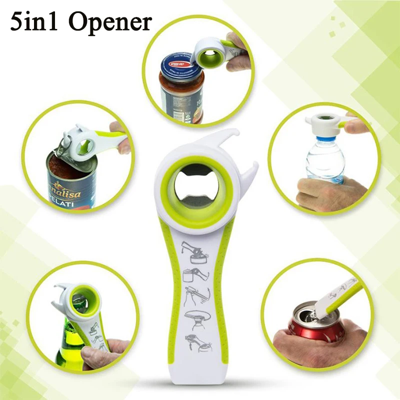 5-in-1 Multifunctional Bottle Can Opener with Anti Slip Grip Handle Durable Sturdy Portable Camping Home Kitchen Corkscrew Tools
