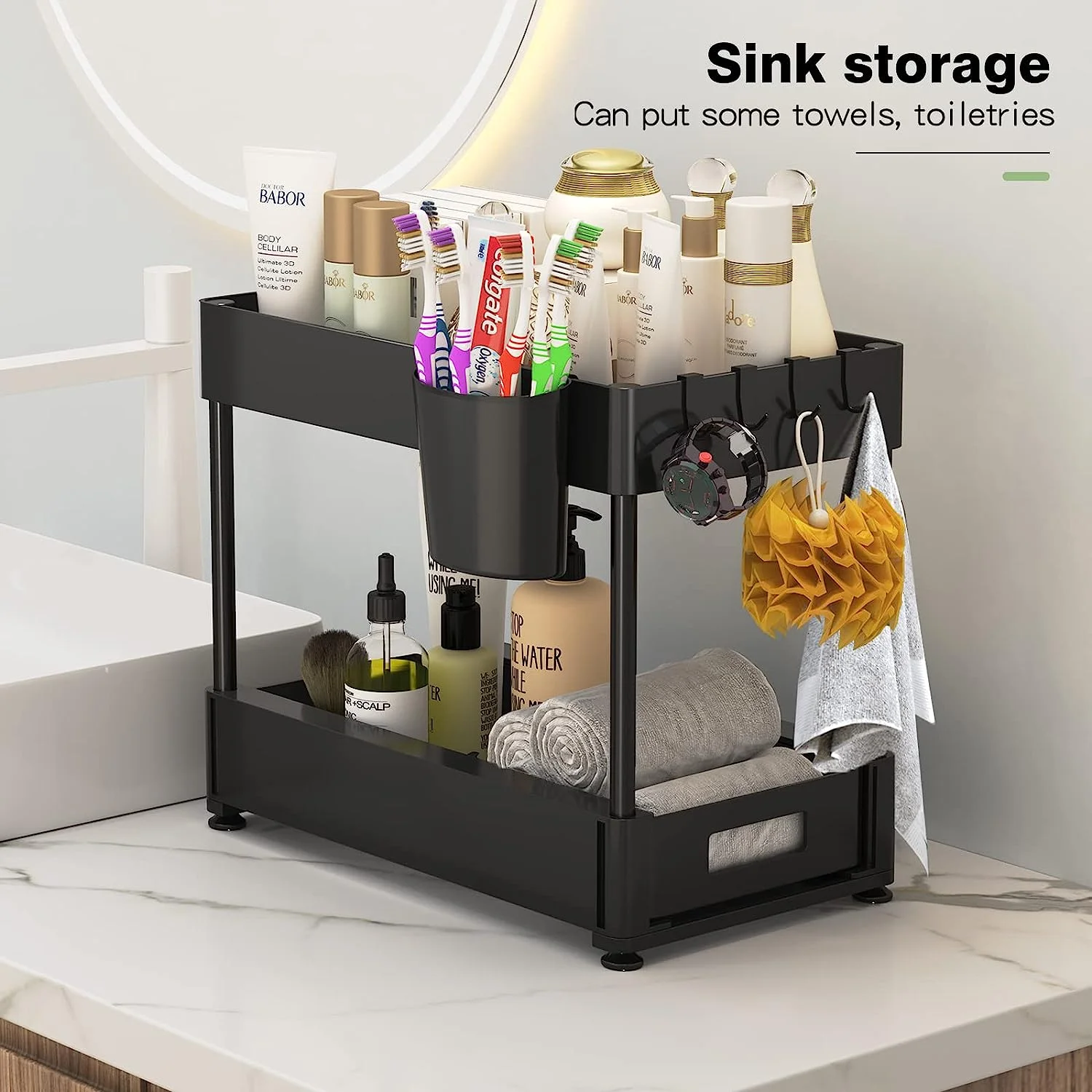 Under Sink Organizers Storager and Shelf Bathroom Organizer 2-Tier Sliding Kitchen Cabinet Multi-purpose Organization with Hook