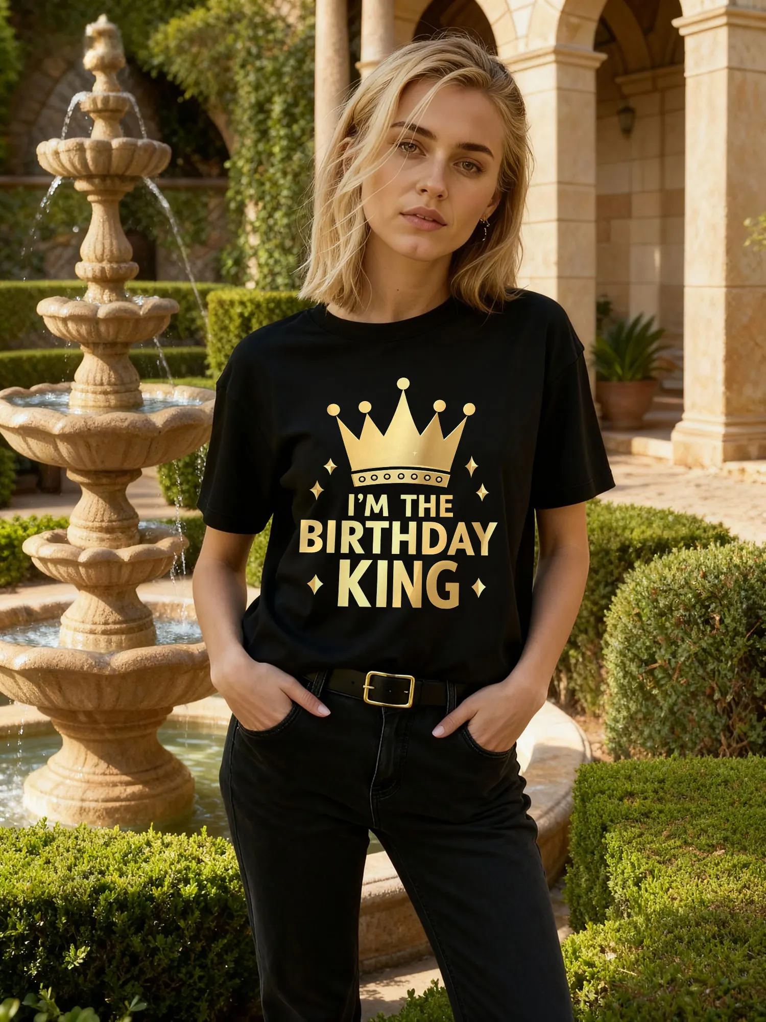Black T-Shirt I'M the Birthday King Gold Crown Print Birthday Celebration Party Wear for Men Women Unisex Casual Top