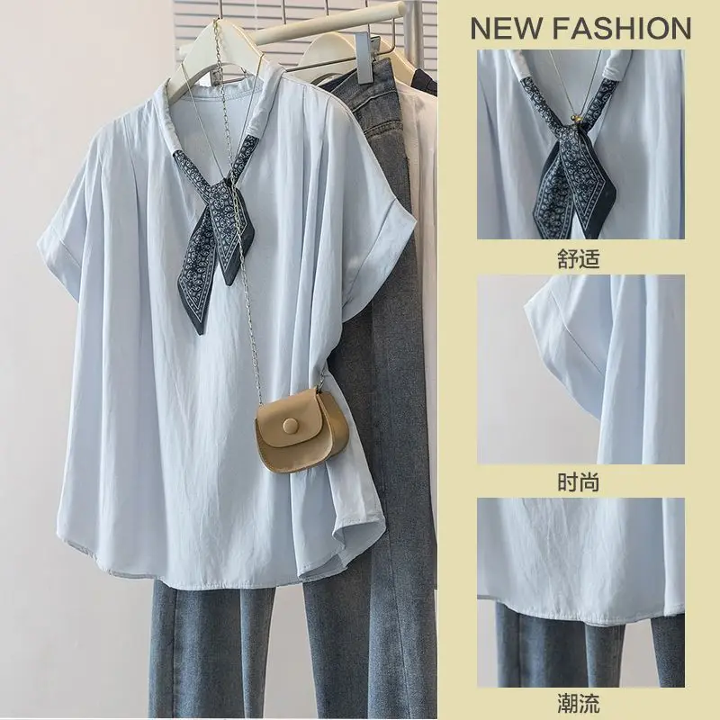 Plus-size women's spring and summer solid color casual beret collar with inner and outer wear V-neck short-sleeve T-shirt