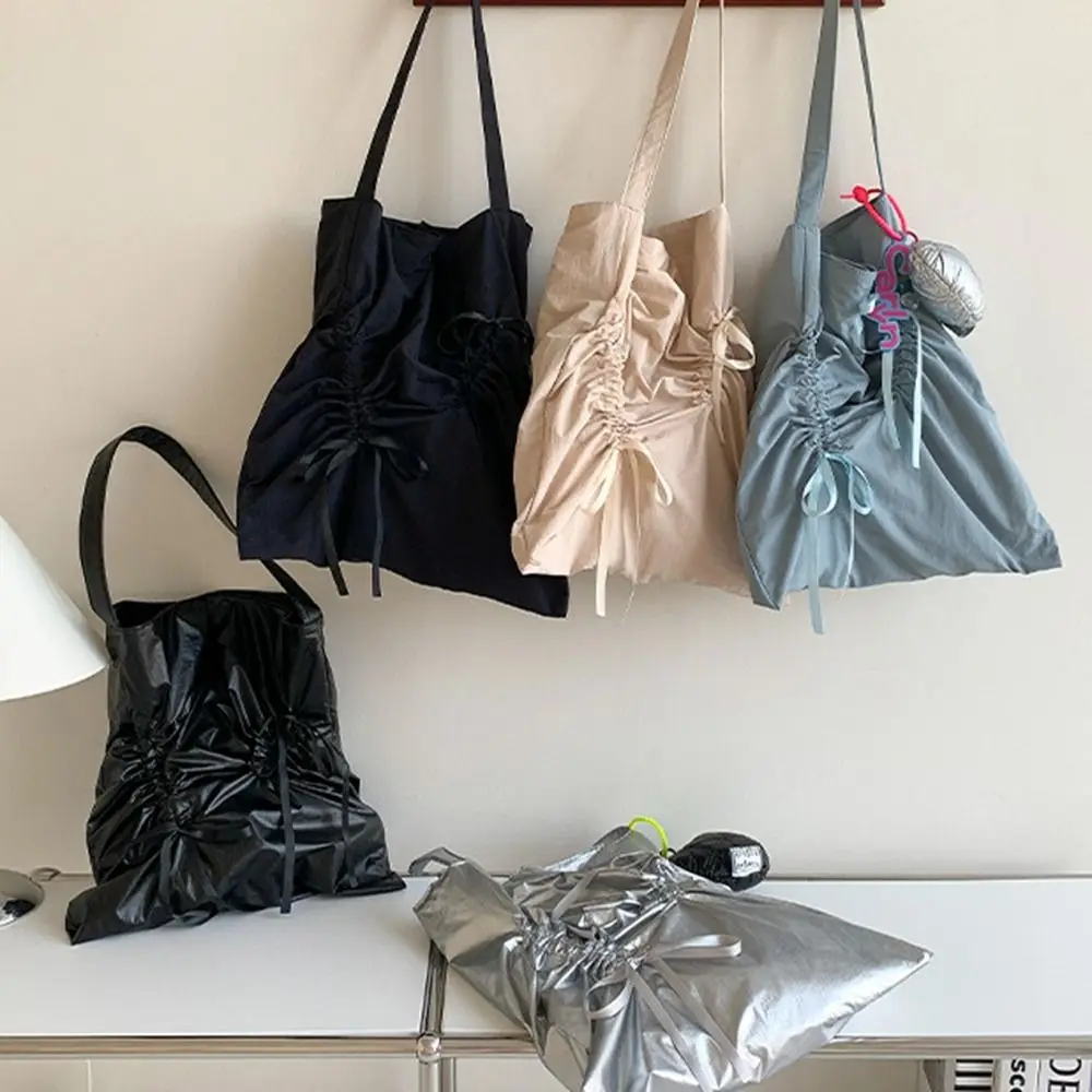 

Casual Korean Style Bow Drawstring Bag Bowknot Commute Nylon Ruched Shoulder Bag Niche Design Fold Silver Tote Bag Outdoor