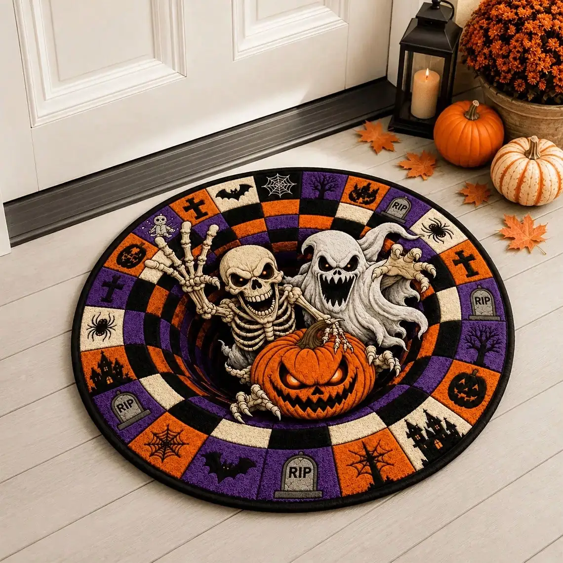 1pc,New In 2026 Halloween Atmospheric Skull Ghost Pumpkin Abyss Optical Illusion Round Carpet, Non-Slip And Removable Floor Mat, Washable And Easy To Store And Clean Carpet