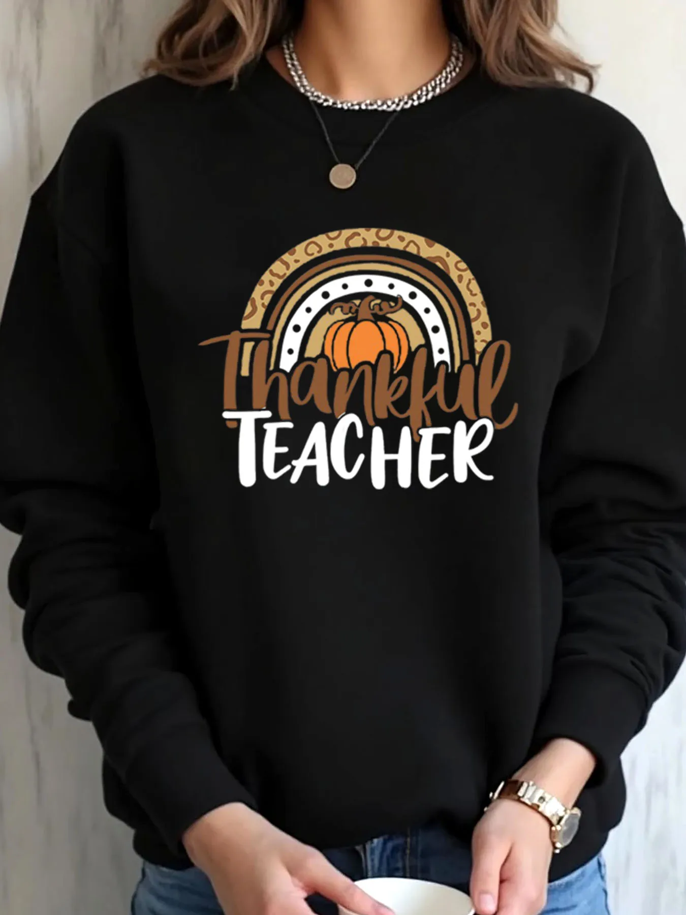 المرأة زائد حجم البلوز الشكر اليقطين قوس قزح شكرا المعلم طباعة عارضة الزي الخريف #1