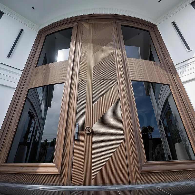 High-end self-built villa hotel log relief lobby entrance door light luxury swing door wood grain walnut customization