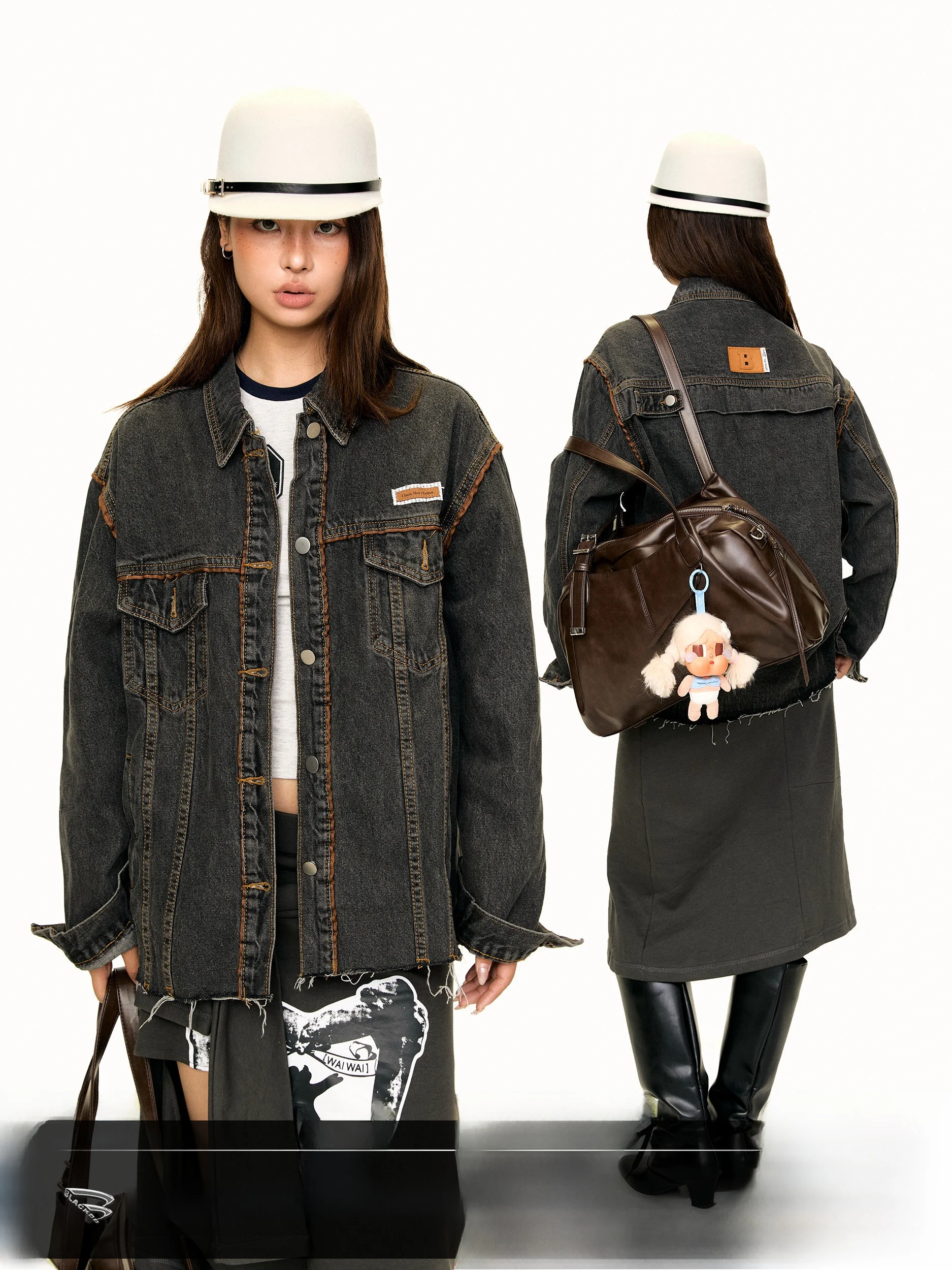 Blackbb Heavy Industry Label Casual Style Women's Denim Jacket American Creative Design Cotton Long Sleeve Button Closure