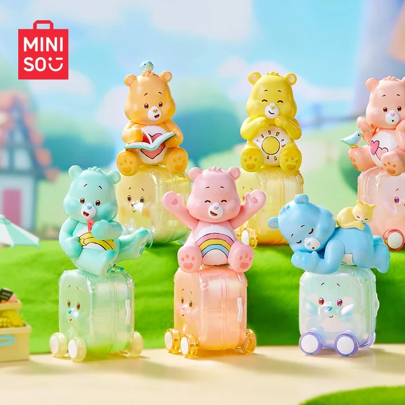 MINISO-Care Bears Happy Tour Series Blind Box, Bonito, Infantil, Modelo, Periférico Anime, Presente de Aniversário, Kawaii Girl Toys, Decoração