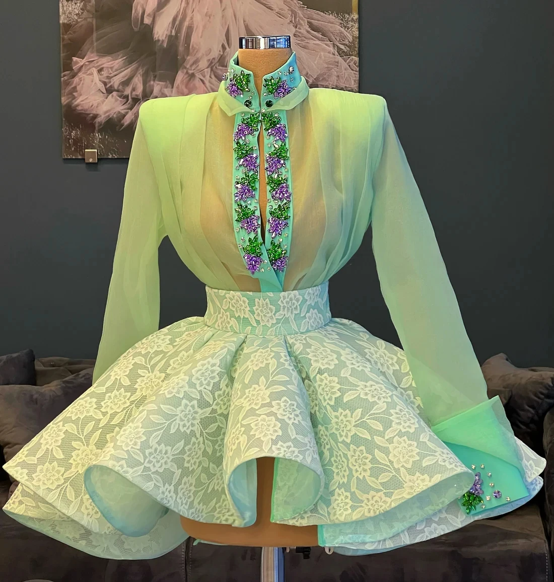 

Mint Green Cocktail Dresses A-line Long Sleeves Short Mini Lace Beaded Homecoming Dresses Haute Couture Customized