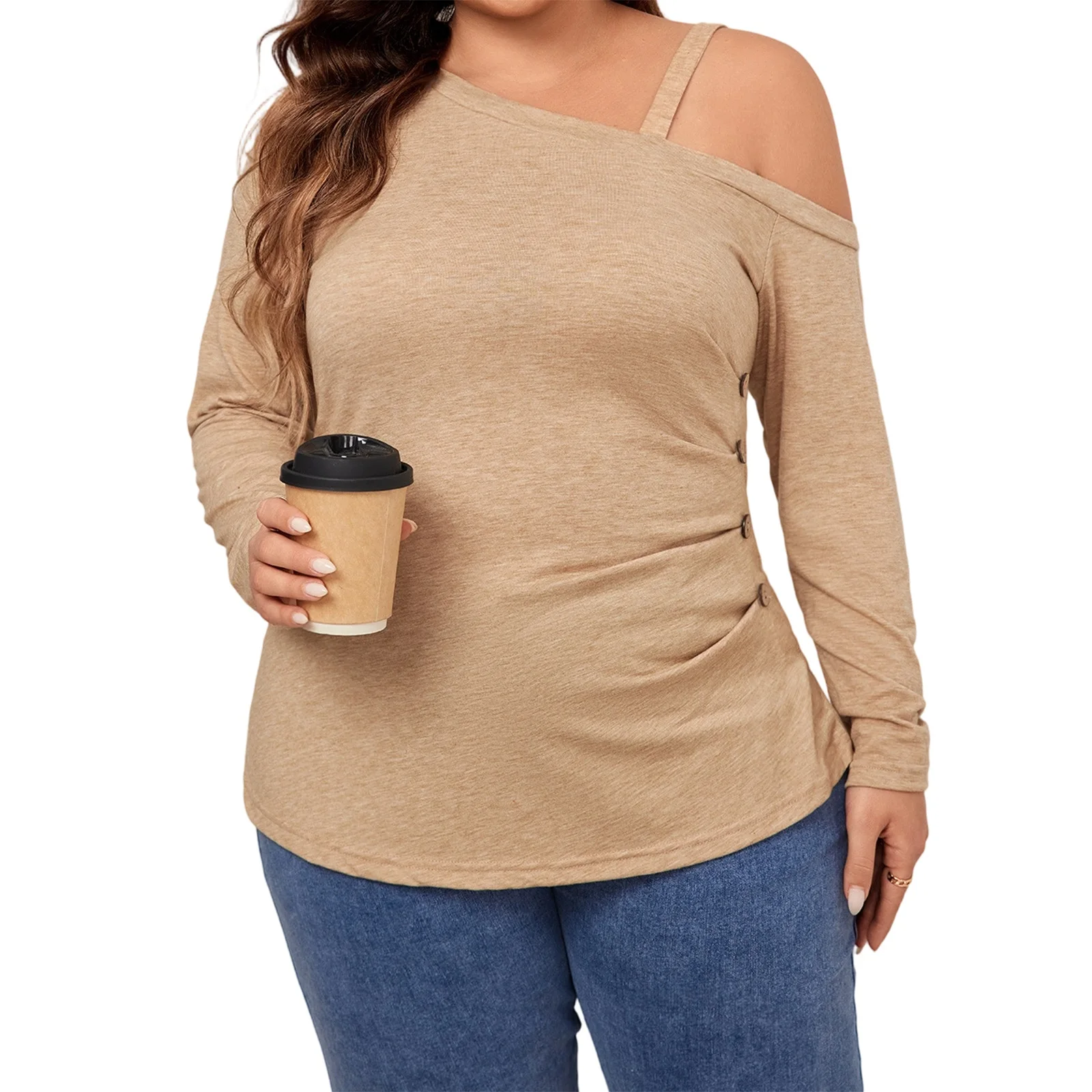 

Женские топы больших размеров с открытыми плечами, стильная однотонная футболка с длинными рукавами и декоративными пуговицами на осень