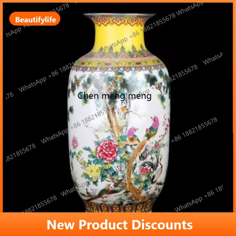 B06 Antique Chinese gold-painted pastel peony hundred birds and phoenix fish tail bottle floor-to-ceiling large vase entrance