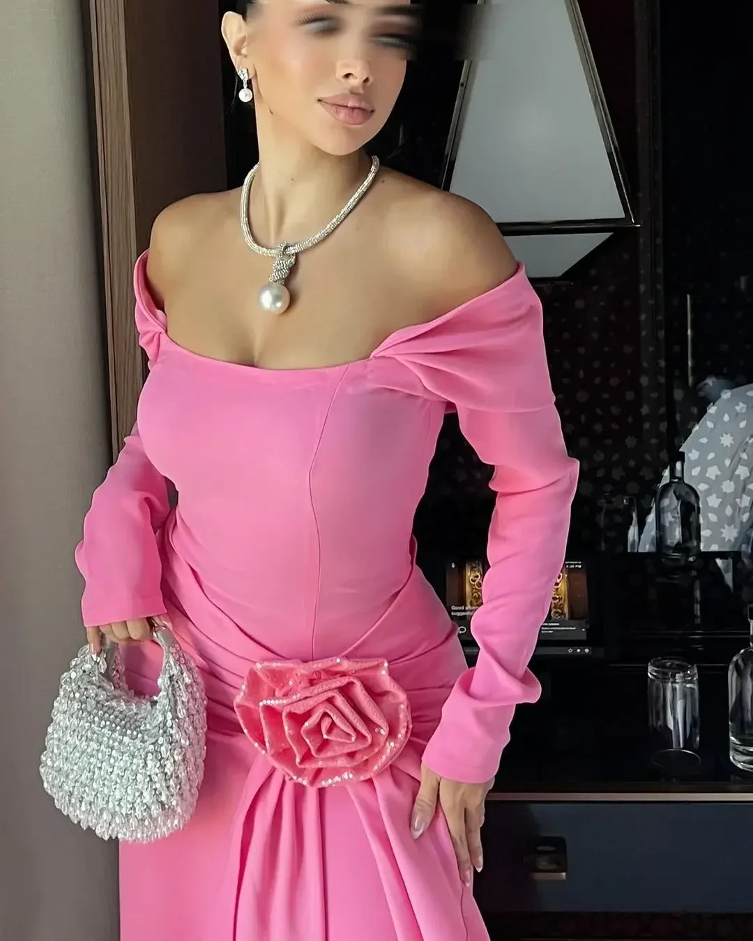 Pink Mermaid Prom Dresses Long Sleeves Flower Evening Dresses Ankle Length Off Shoulder Formal Saudi Arabia Wedding Party Dress