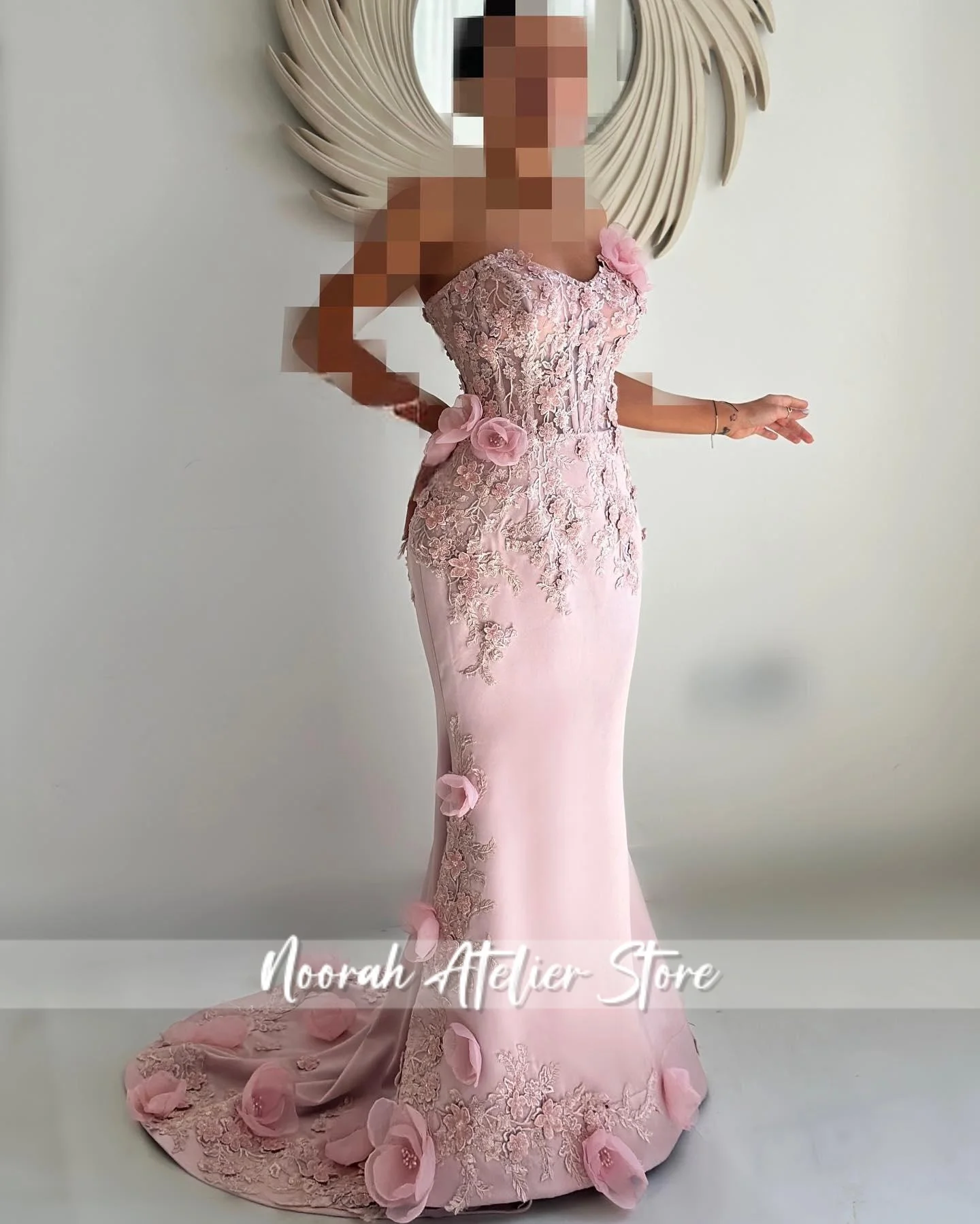 Rose 3D Appliques Sirène Arabie Saoudite Dubaï Femmes Manches Robes De Bal Robes De Bal Formelles avec Perles Longue Robe De Soirée