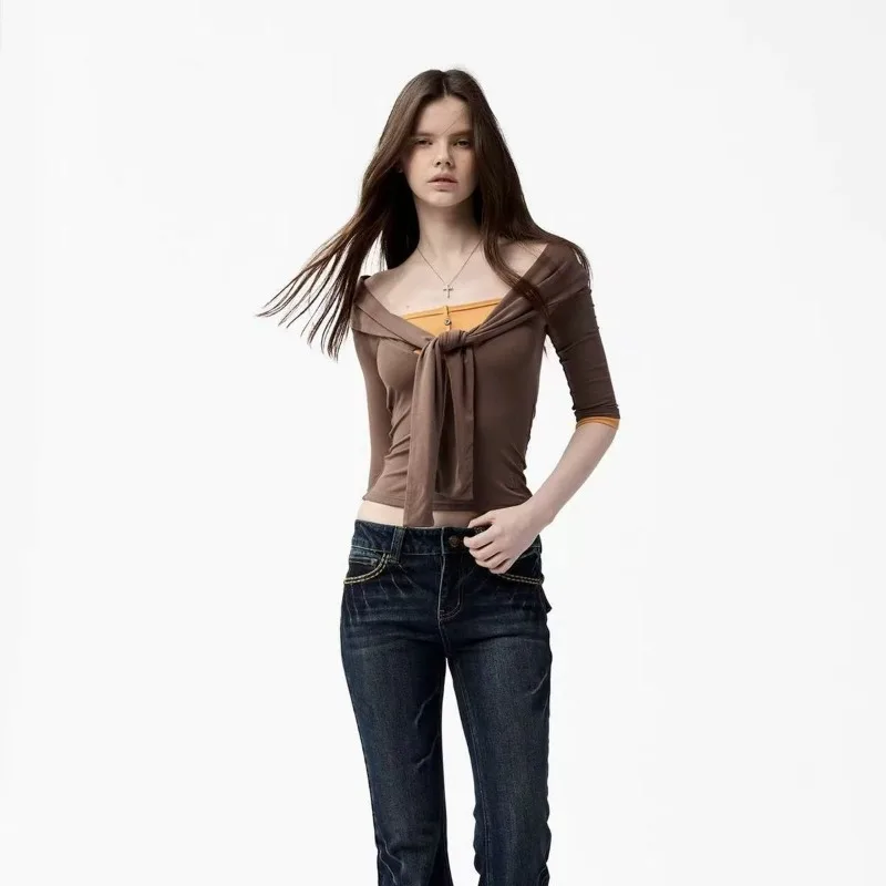 오리지널 디자인 헨리 칼라 배색 페이크 투피스 패치워크 탑 프렌치 노트 바텀 스웨터 티셔츠