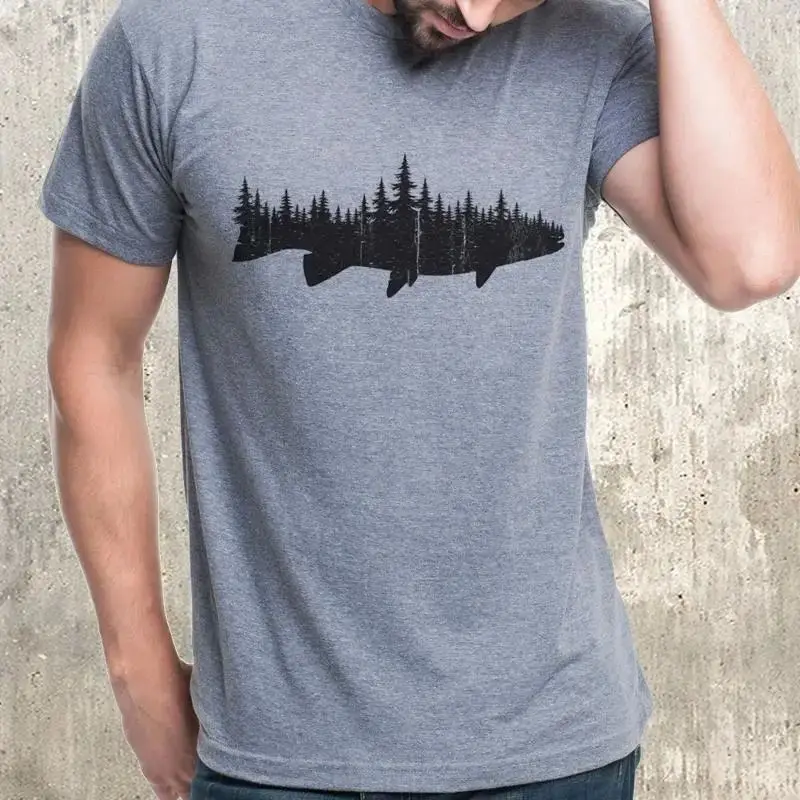 Men's Fishing Themed T-Shirt Fish And Forest Grey Fly Screen Cleanfit Style A-Line Sleeve Ladies' Fashion Summer Cotton