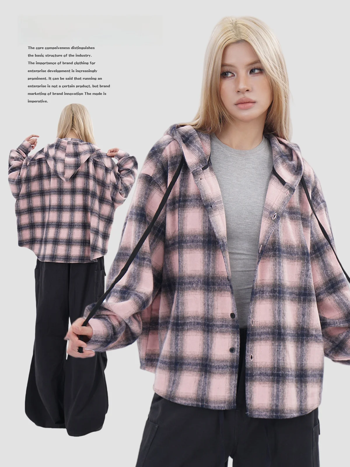 

Street Sle Loose Fit Long Sve Pink Plaid Hooded irt Jaet Women Casual Versatile Lazy Color Blo Casual Top