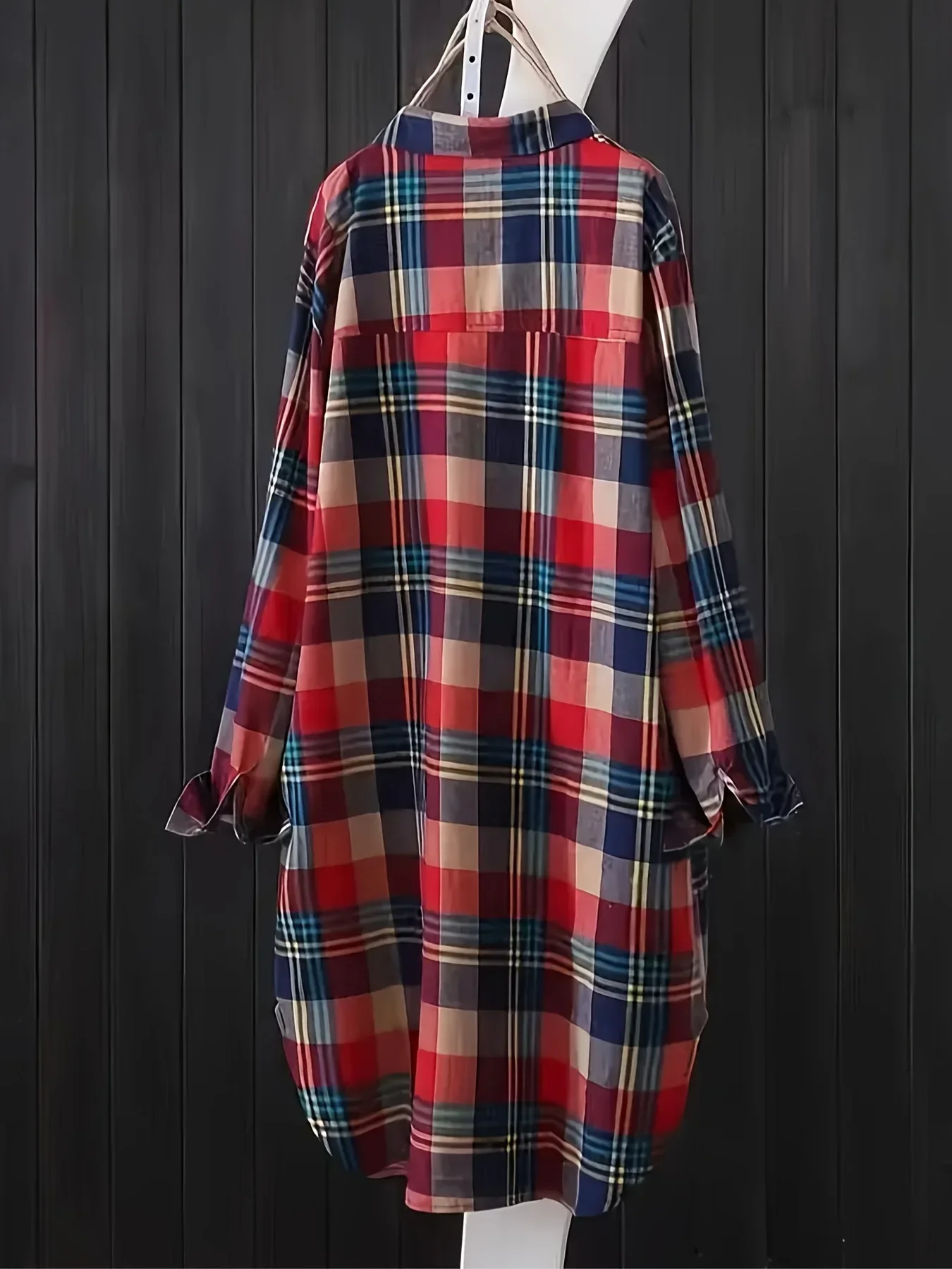 Plus Size 1XL-5XL Women's  Fashion Plaid Printed Shirt Ladies Casual Loose Long Sleeved Shirt Lapel Design Shirt Top