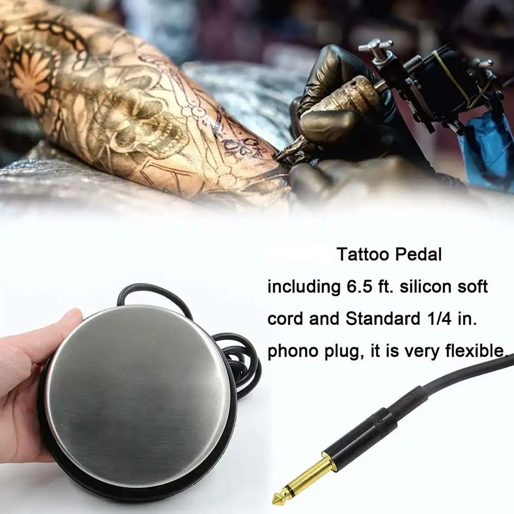 Pedal de pie de tatuaje Premium con cable suave de silicona, Control de interruptor de pie de tatuaje redondo de acero inoxidable de 360 grados para máquina de tatuaje