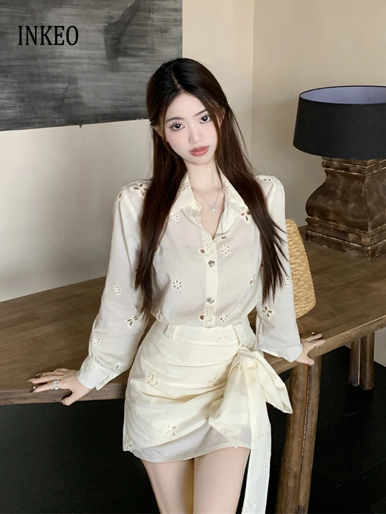 

Holiday Women Lace hollow out 2 piece set 2025 Summer Beige Long sleeve shirt blouse and Bow High waist skirt Chic INKEO 5D065