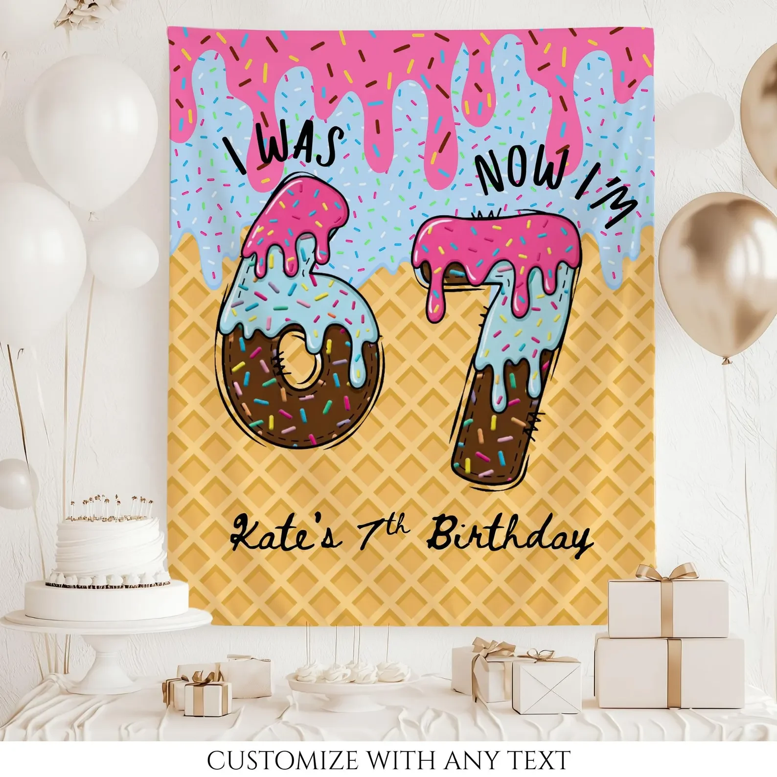 Personalized 7th Birthday Backdrop Custom Name Was 6 Now I'm 7 Ice Cream Donut Kids Party Photo Booth Wall Hanging Decor