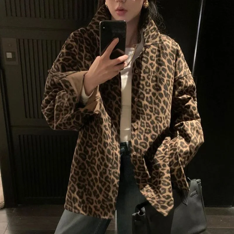 New Autumn Women American Retro Leopard Print Shirt Coat Long Sleeve Button Front Unique Niche Style Loose Daily Fashion Top