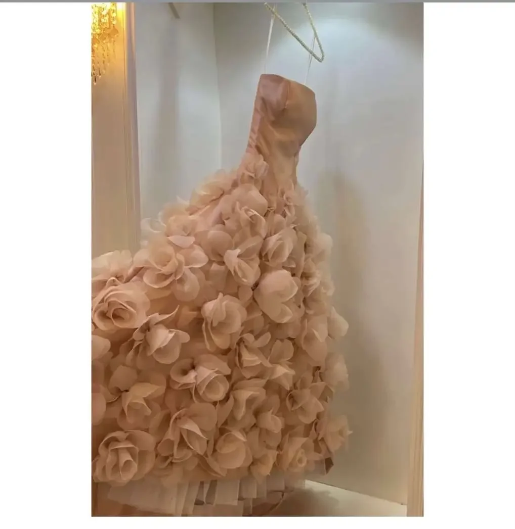 

Customized Strapless Sleeveless Luxurious Hand Made Flower Three Dimensional Flower Organza Evening Dresses