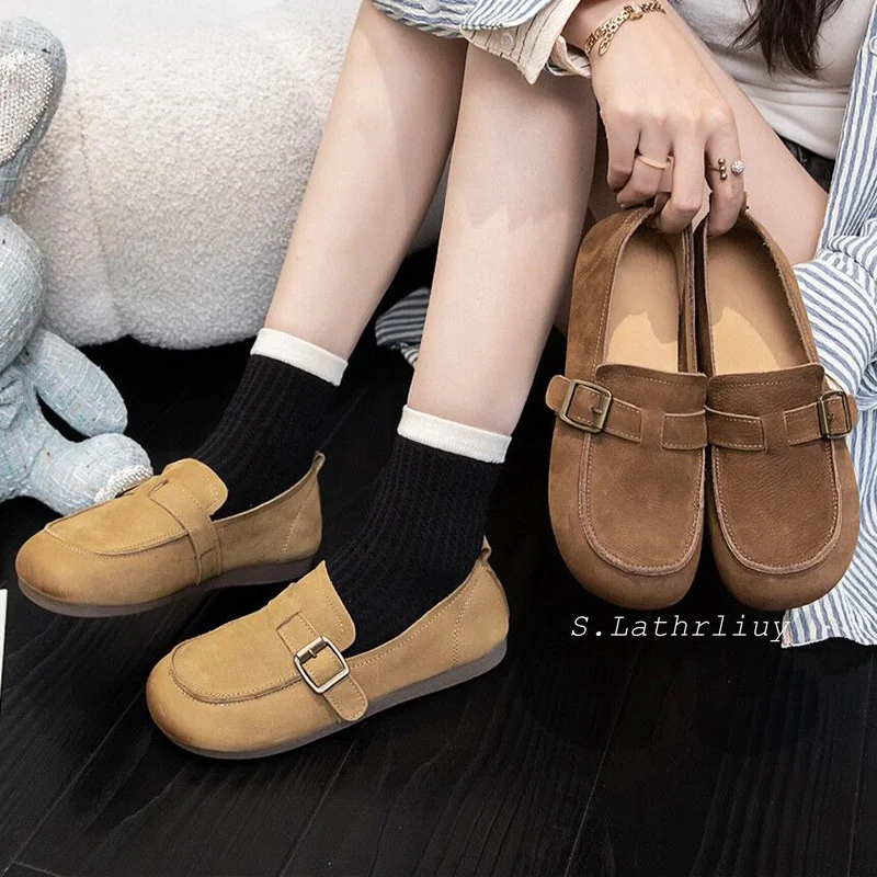 Spring Autumn Deep Mouth Lazy Loafers Women's Round Toe Soft Sole Comfort Casual Shoes Suede Belt Buckle Retro Flat Shoes 2024