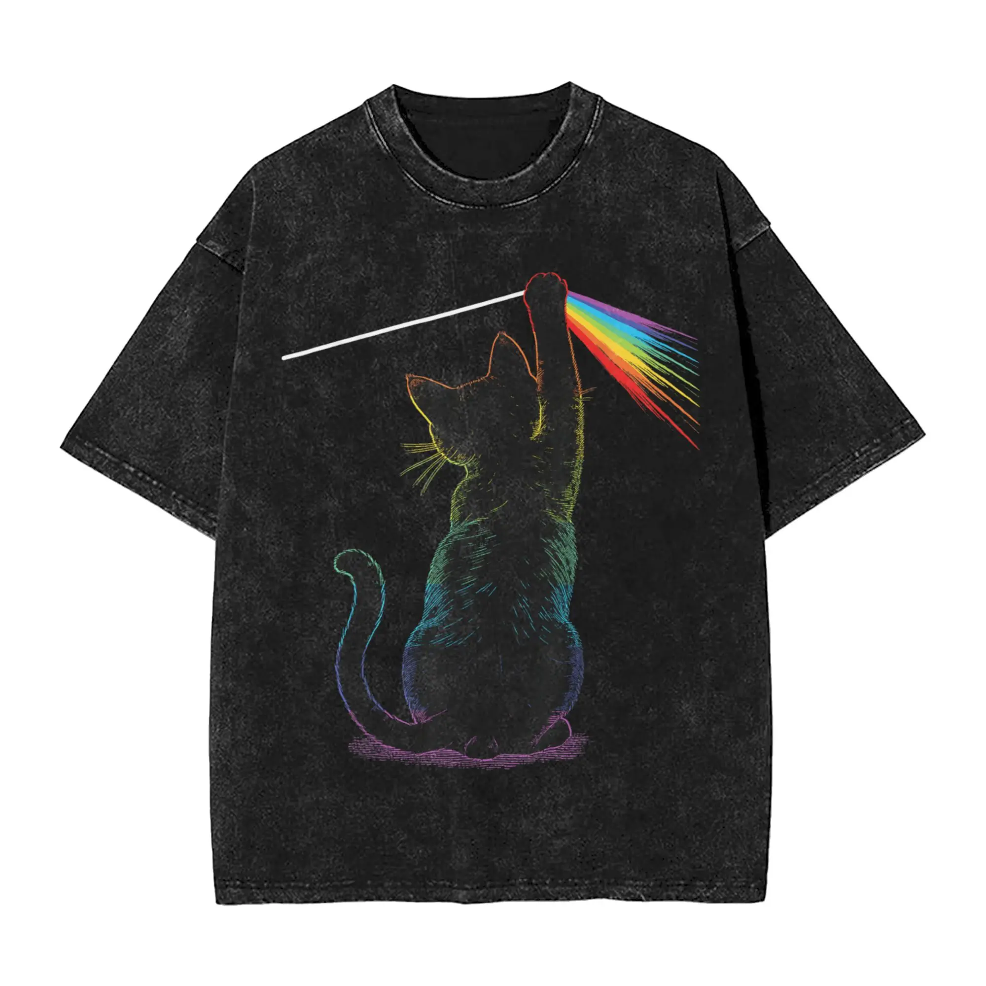 Black Cat Rainbow Light Prism Science Men T Shirts Washed  Leisure Tee Shirt Short Sleeve Crewneck T-Shirt 100% Cotton Clothing