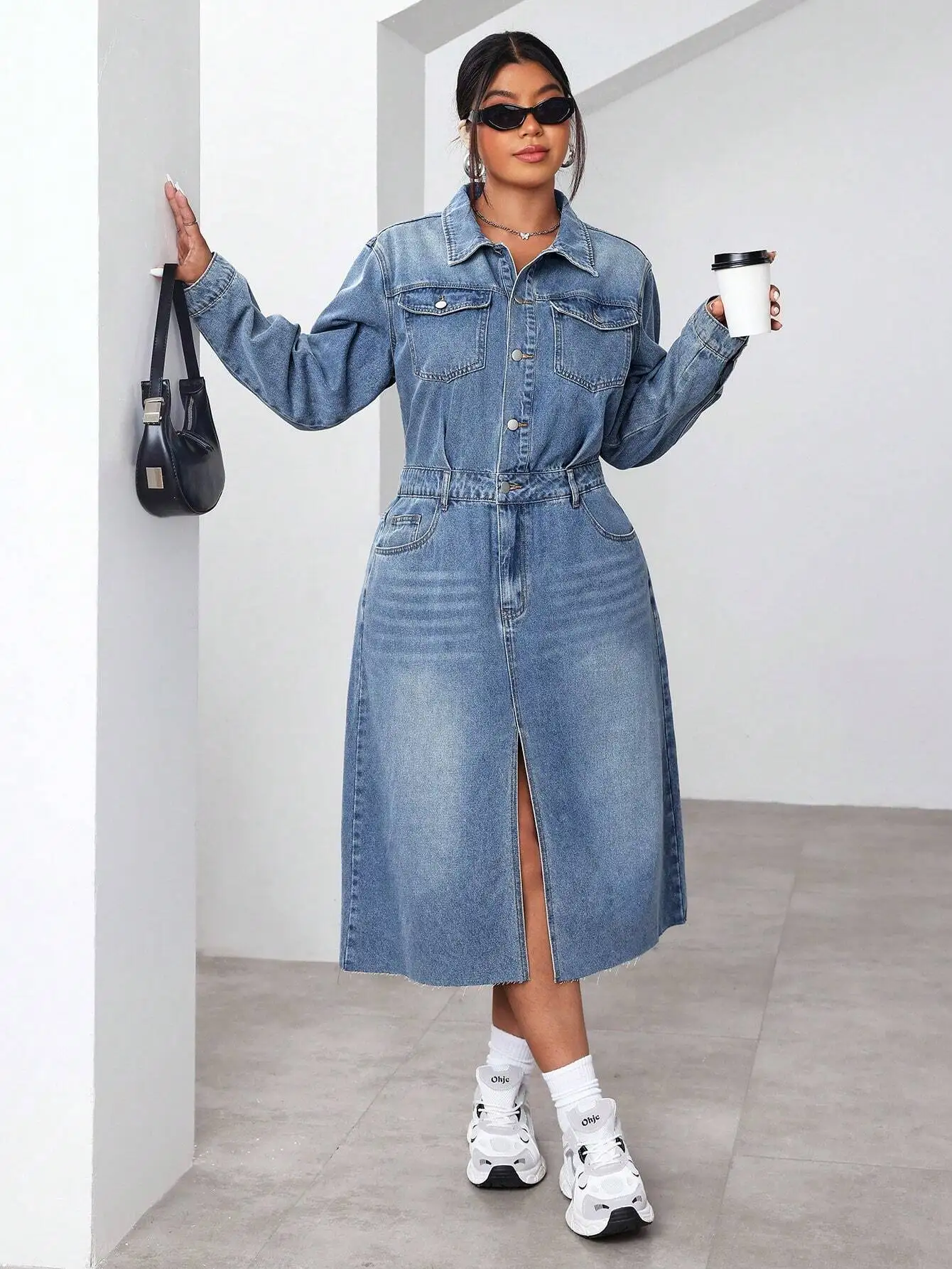

Plus Size Women Long Sleeve Split Hem Casual Denim Dress Spring Summer