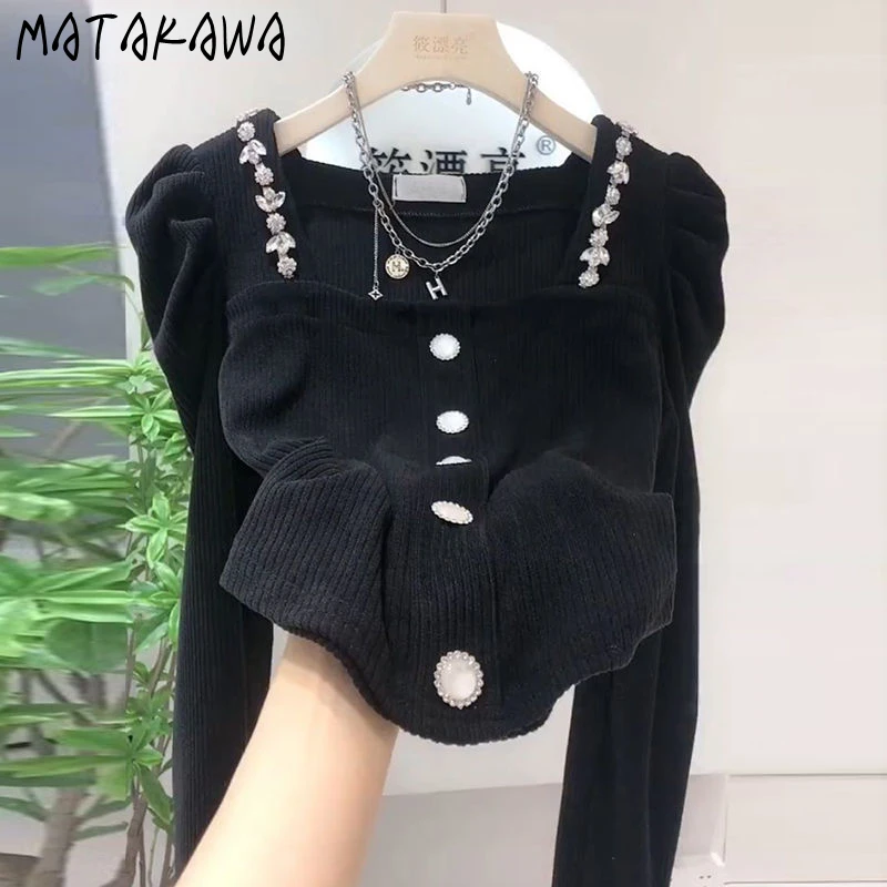 Matakawa French Beading Women Blouses Square Collar Puff Sleeve Solid Vintage Shirts Spring Autumn Sweet Fashion Ropa Mujer