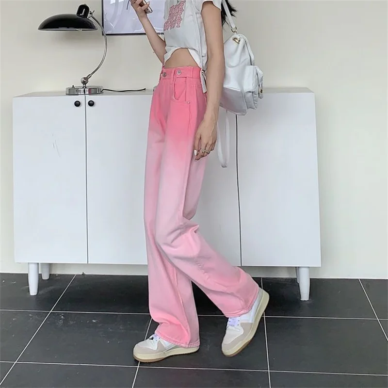 Celana Jeans Gradien Pinggang Tinggi Wanita Musim Semi Musim Panas Celana Pantalon Denim Lurus Wanita Korea Celana Koboi Kaki Lebar Wanita 2025