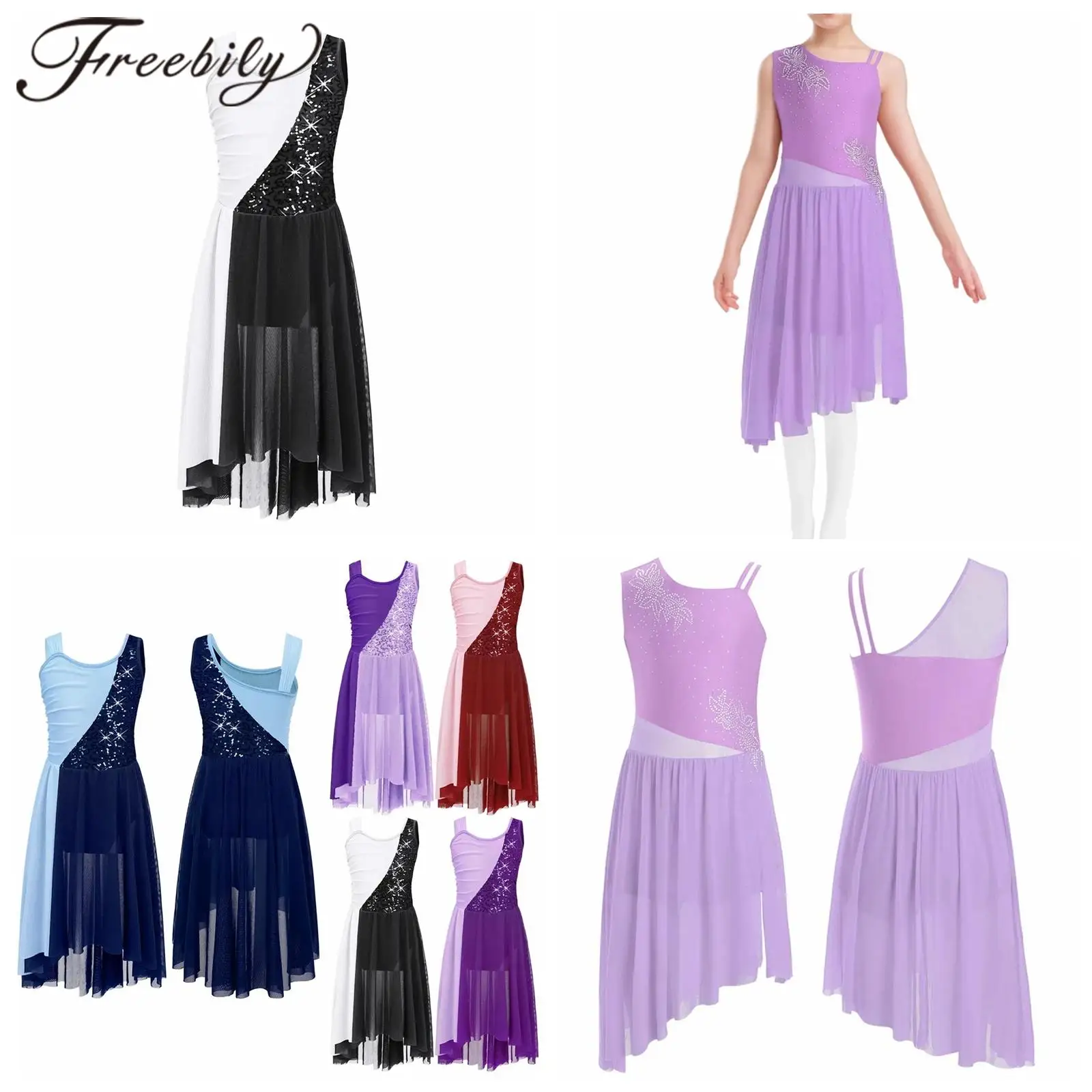 Kids Color Block Gymnastics Skating Leotard Dancewear Contemporary Sleeveless Lyrical Dance Costumes Girls Ballet Dance Dress