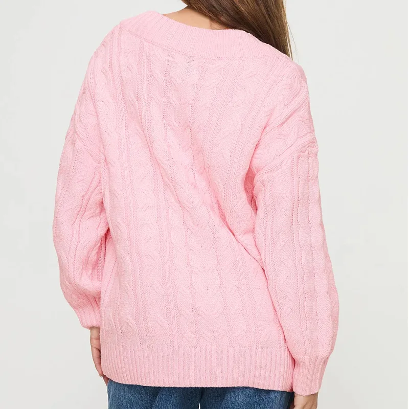 Sweet Pink V-neck Knitting Sweater Autumn and Winter Women Fashion Loose Twist Rope Fried Dough Twists Bottoming Casual Sweater