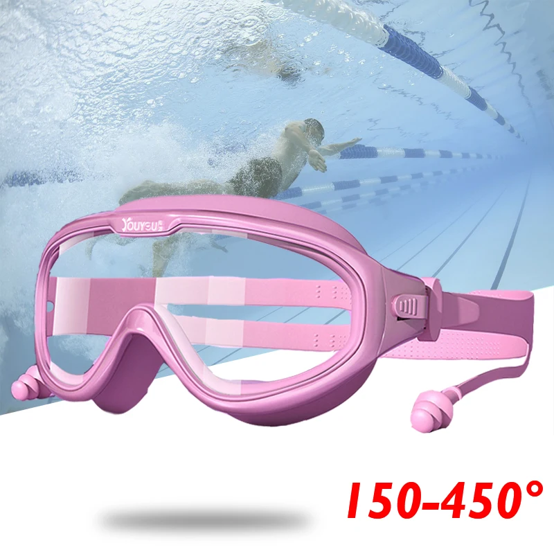 Children Swim Eyewear with Earplug Waterproof HD Lens Anti-Fog Large Frame Diving Glasses Boys Girls Water Sport Goggles Kids