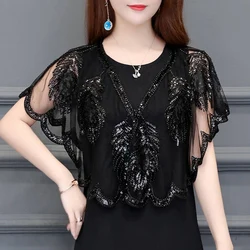 Summer New V-neck Fashion Shawl Women High Street Casual Loose Button Elegant Cardigan Embroidered Sequined All-match Y2K Tops