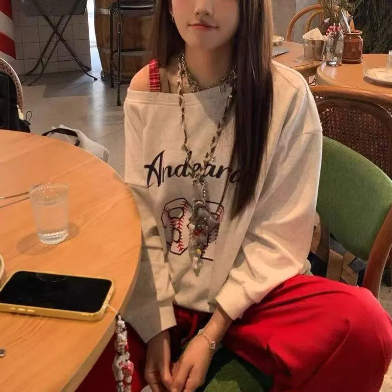 High Street American Printed Sweatshirts Women's Clothing Letter Loose Spring Autumn Skew Collar Fashion Off Shoulder Hoodies