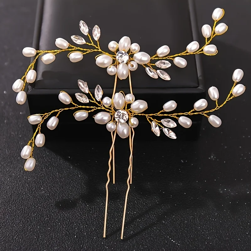 2Pcs Hair Pin Clip Set Crystal Pearl Hair Clip Hairpin For Women Party Bridal Wedding Hair Accessories Jewelry Clip Hairpin Set