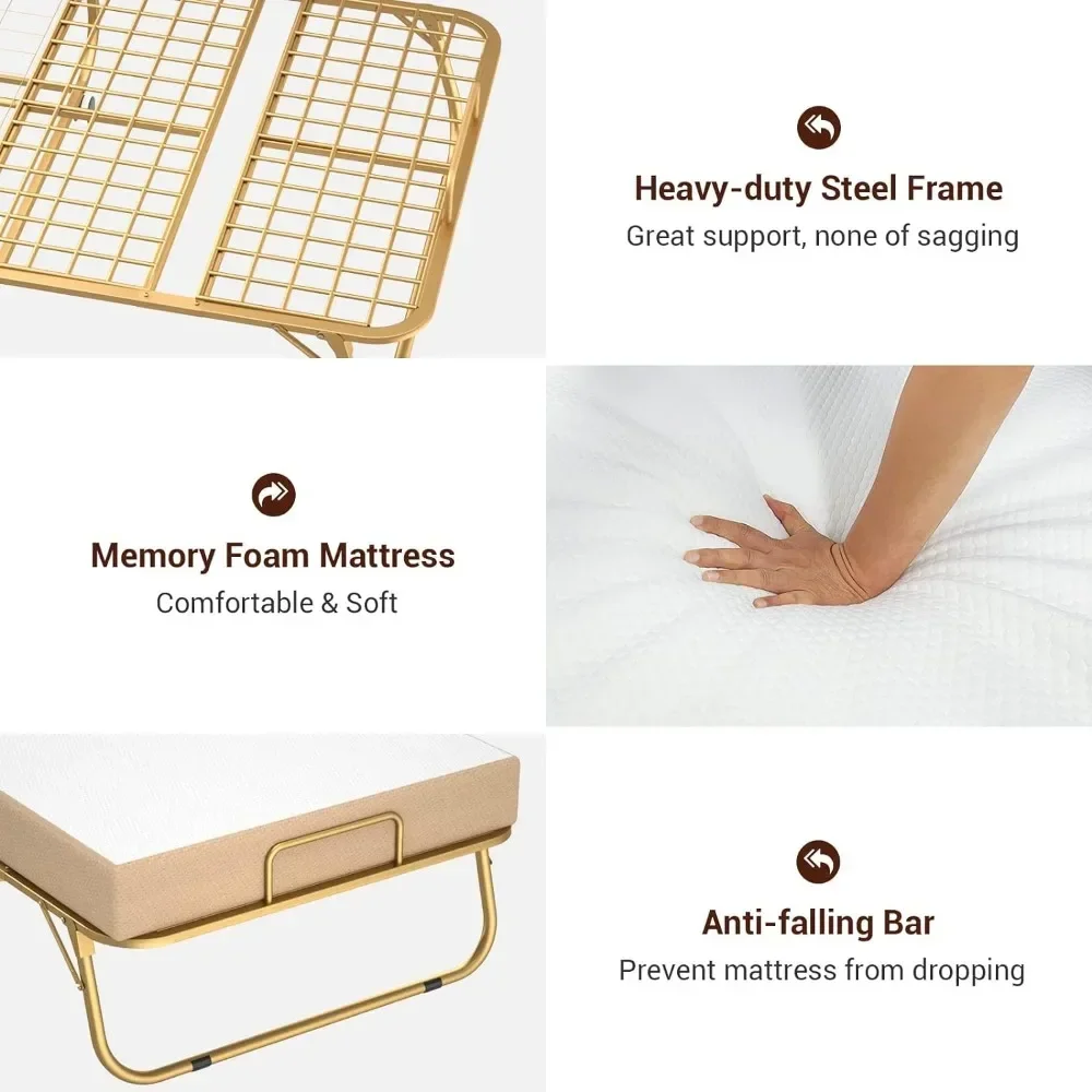 A  Rollaway Bed for Adults With Memory Foam Mattress and Metal Frame Cot Size Guest Bed on Wheels Luxury Glod 75” X 31” Folding