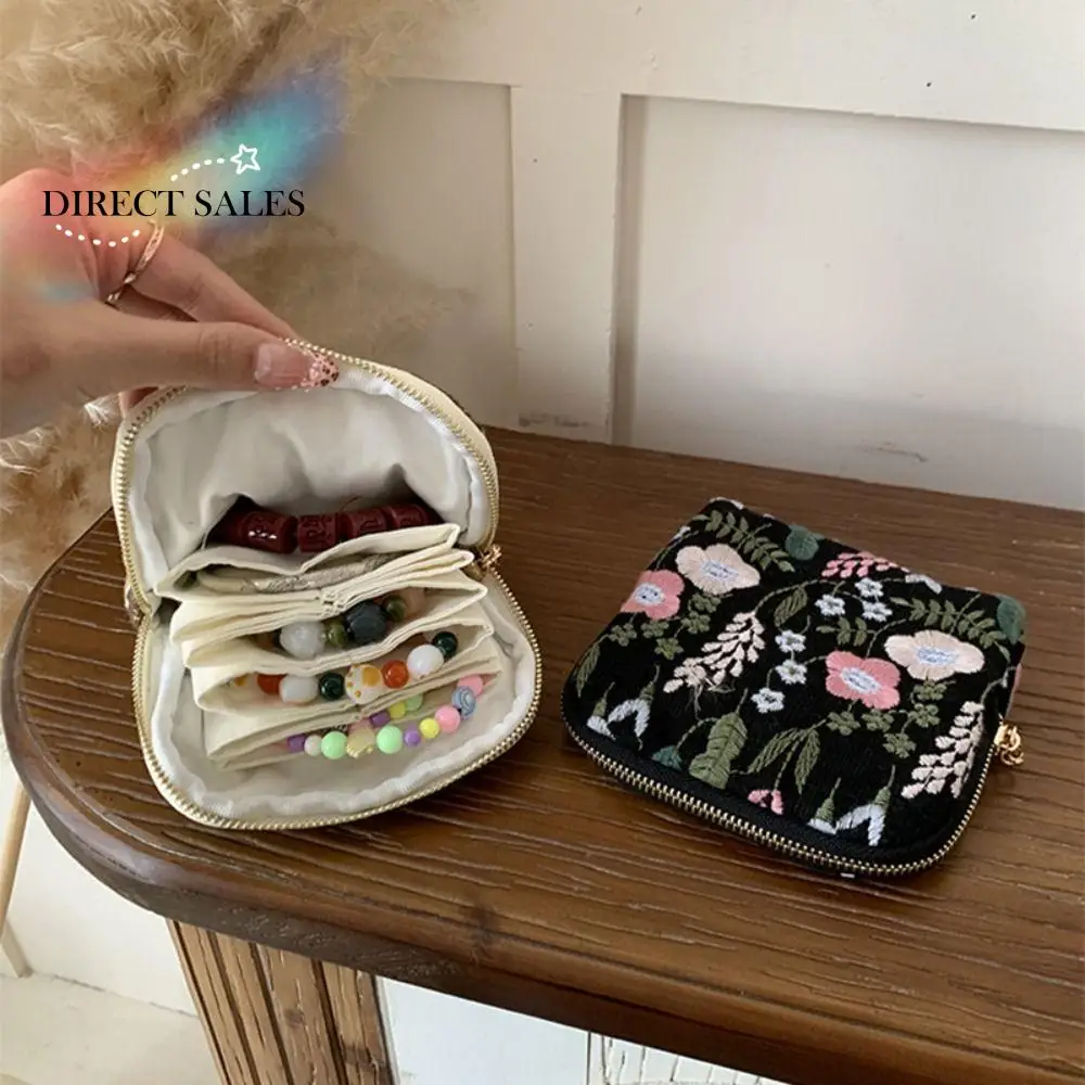 

Multi-Layered Embroidered Jewelry Storage Bag Cotton Linen Ethnic Style Bracelet Display Pouch Embroidery Elegant Women's Wallet
