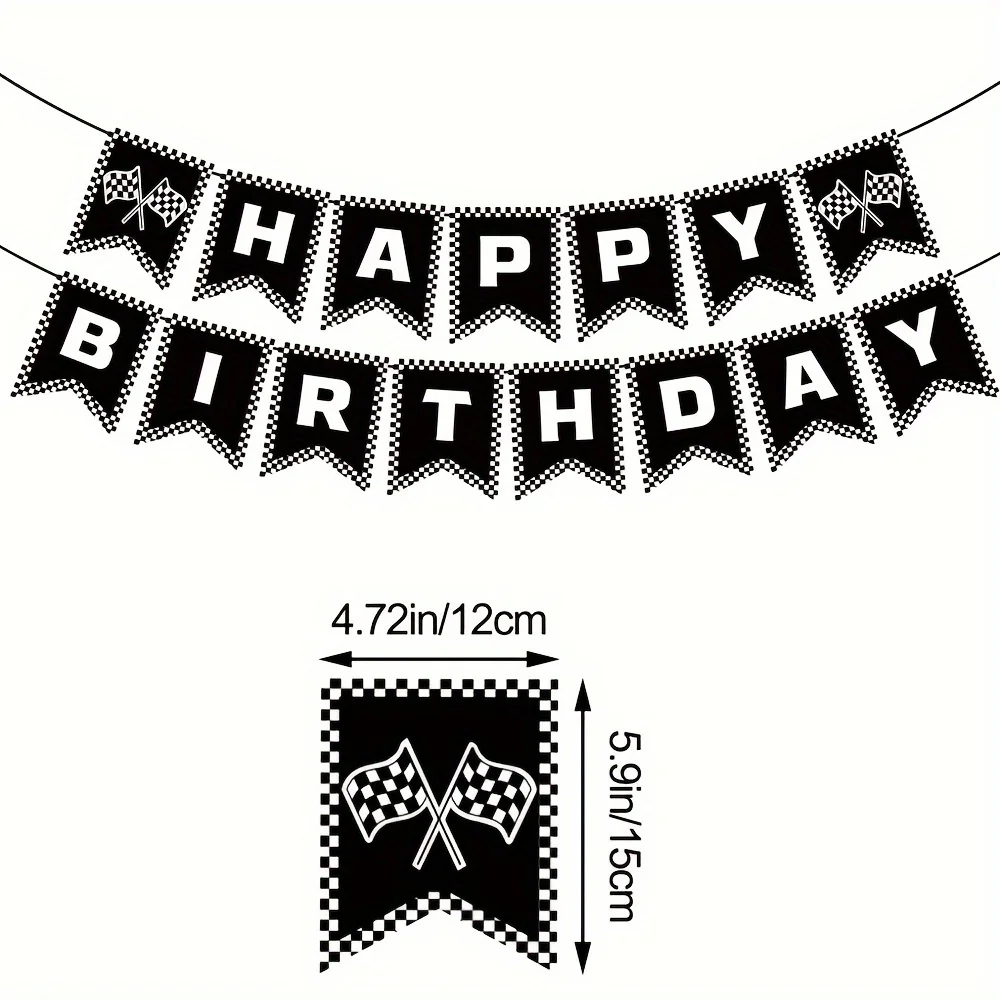 Race Car Happy Birthday Banner, Race Car Birthday Party Decorations Checkered Flags Black and White Racing Banner