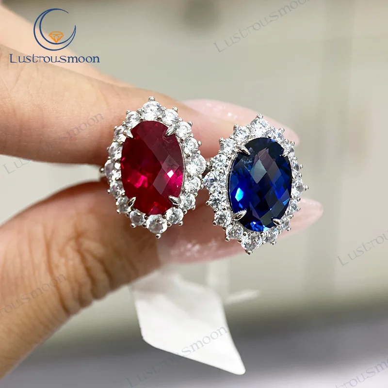 

Luxury Rings for Women Blue Lab Grown Sapphire Shiny Oval Pigeon Red Ruby Diana 925 Sterling Silver Plated Engagement Ring Gift