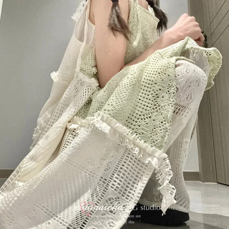 

Y2K Mini Dresses 3 Sets Summer Seaside Vacation Dress Hollow Out Sleeveless Camisole Dress Loose Wide Leg Pants Vest 3 Suit New