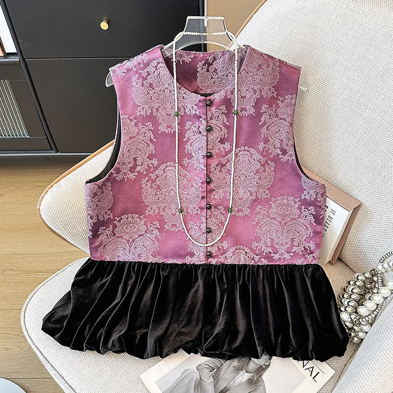 

Новый топ в китайском стиле, женская элегантная улучшенная одежда Ципао Тан, фиолетовое жаккардовое пальто с оборками по подолу, куртка ханьфу, улучшенная Chesongam