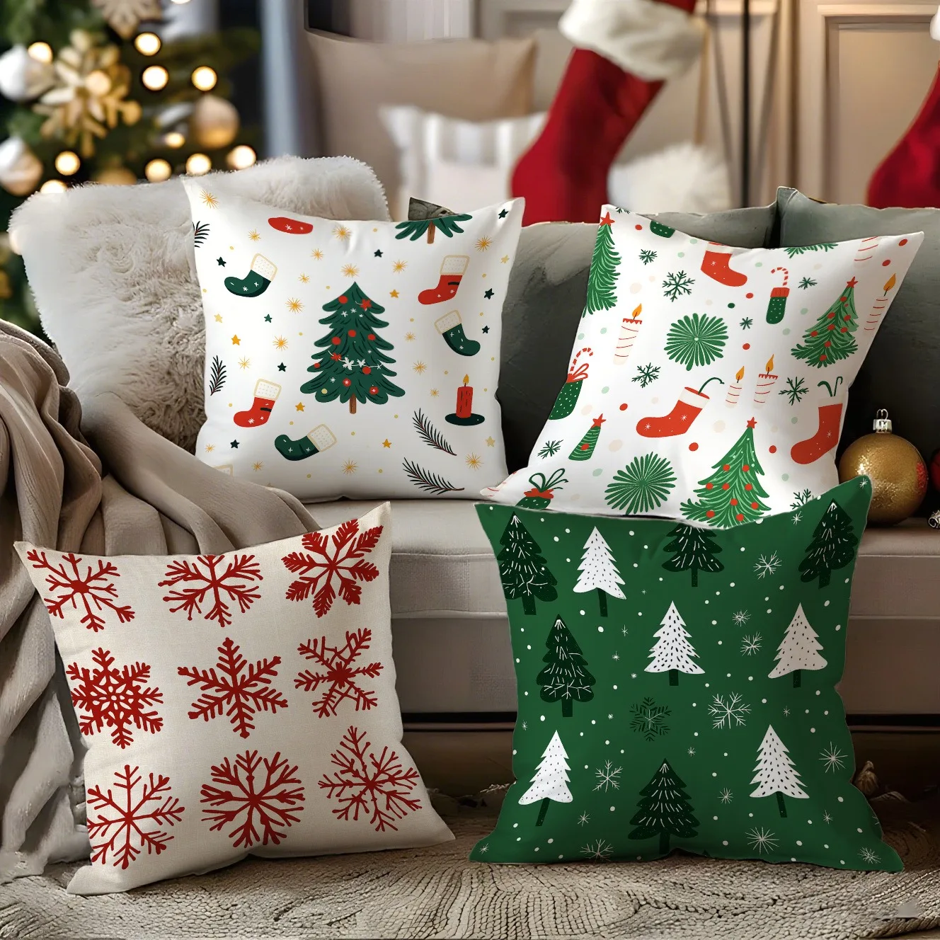 4Pcs Christmas Throw Pillow Covers Xmas Tree Snowflake Socks Cushion Covers Winter Home Goods Holiday Gift Decor