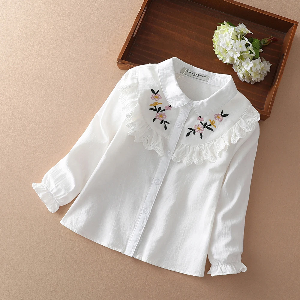 Girls Blouses 100% Cotton White Long Sleeve Autumn Kids Clothes for 8 10 12 Years Embroidery Tops Girls School Shirts