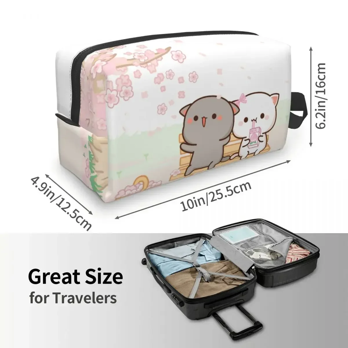 Borsa da toilette da viaggio personalizzata Peach Goma Sakura per donna Coppia di cartoni animati Mochi Cat Borsa per cosmetici per trucco Kit Dopp per riporre bellezza