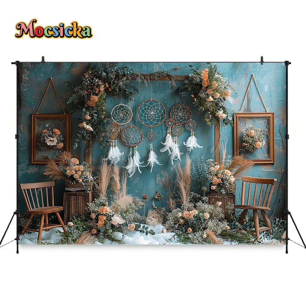 Fundo do casamento boêmio, apanhador de sonhos Flores, Pampas Grama Backdrop Decoração, Menina bebê Aniversário, Family Photo Studio