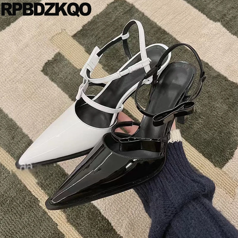 

Strappy Bowtie Shoes Sandals Gladiator Thin Pointed Toe Strap Pumps High Heels Women Patent Leather Cowhide Bow Knot Mary Jane