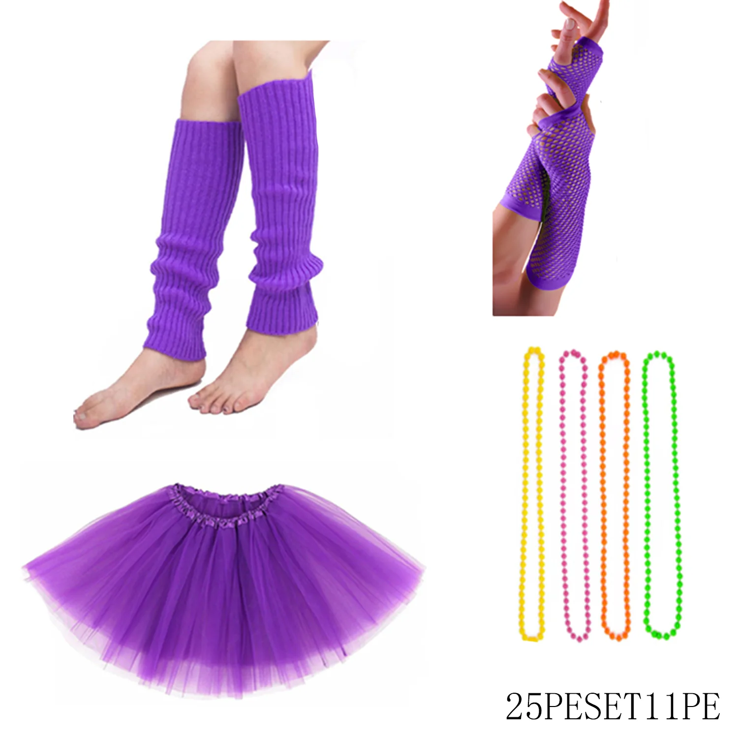 Disfraces de personajes de los años 80, incluidos trajes temáticos de la era púrpura como guantes, rodilleras y faldas cortas, accesorios de anime.