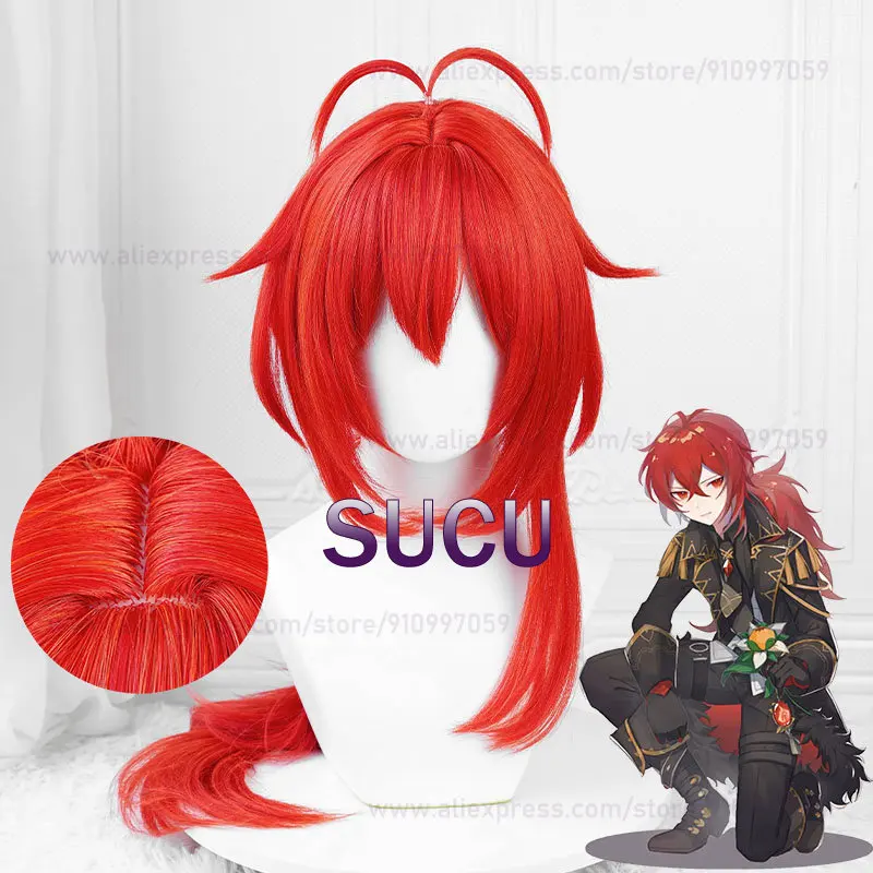 

Game Genshin Impact Diluc Cosplay Wig 60cm Long Red Halloween COS wigs Anime Heat Resistant Synthetic Hair
