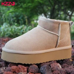 KZZO 2024 New Australia Ultra Mini Platform Snow Boots for Women Cow Suede Leather Winter Warm Casual Ankle Boots Maroon