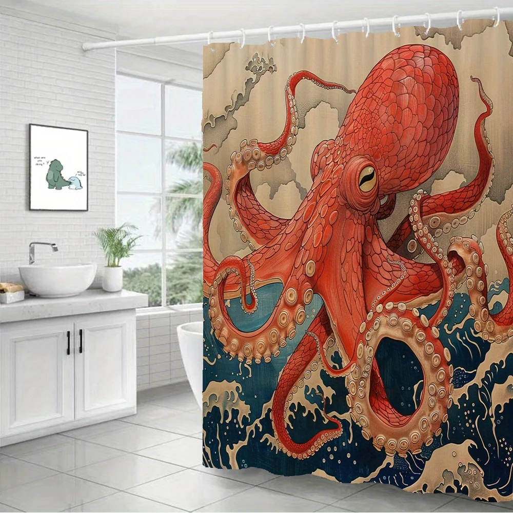 Japanese Ukiyo-e Octopus Shower Curtain – Vibrant Art, Intricate Tentacles, Expressive Eyes & Dynamic Waves, Polyeste,